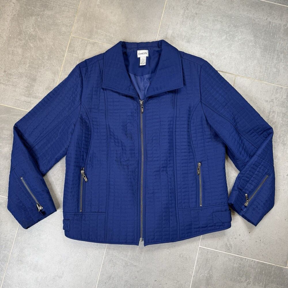 Chicos Vibrant Blue Quilted Zip Up Jacket Size 3 (14/16)